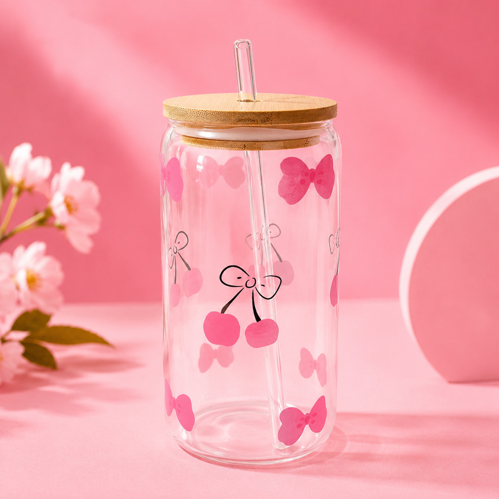 16 Oz Glass Cup with Bow Lid & Straw Cute Iced Coffee Tumbler New